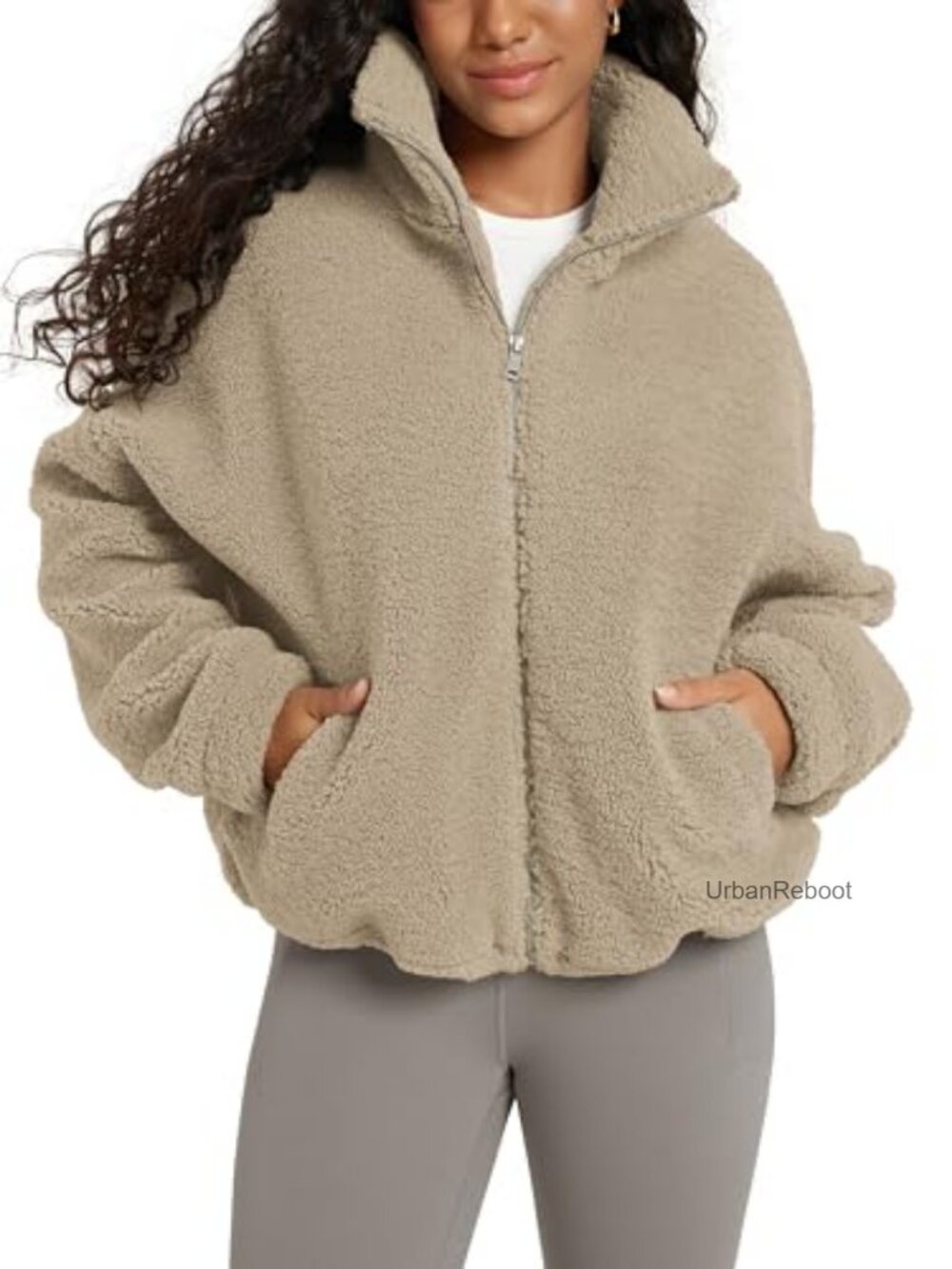 Sherpa Fleece Full Zip Jacket Funnel Neck Cinchable Hem Pockets Women
